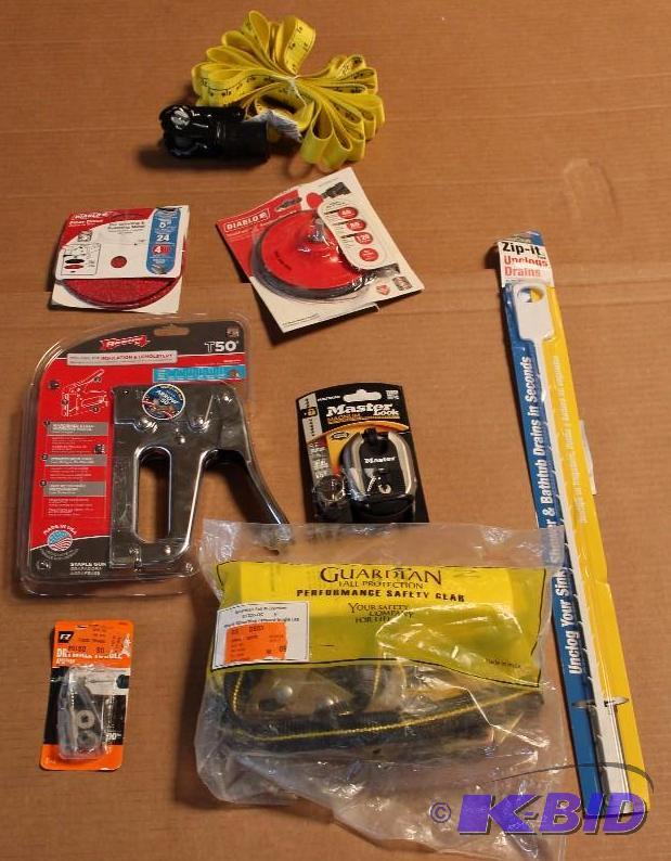 8 Item Lot Drain De-Clogger, Staple Gun, Diablo Fibre Disks and More