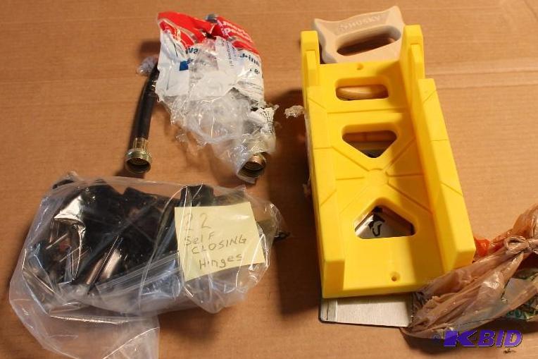 3 Item Lot Miter Box, Hinges, Washing Machine Inlet Hose