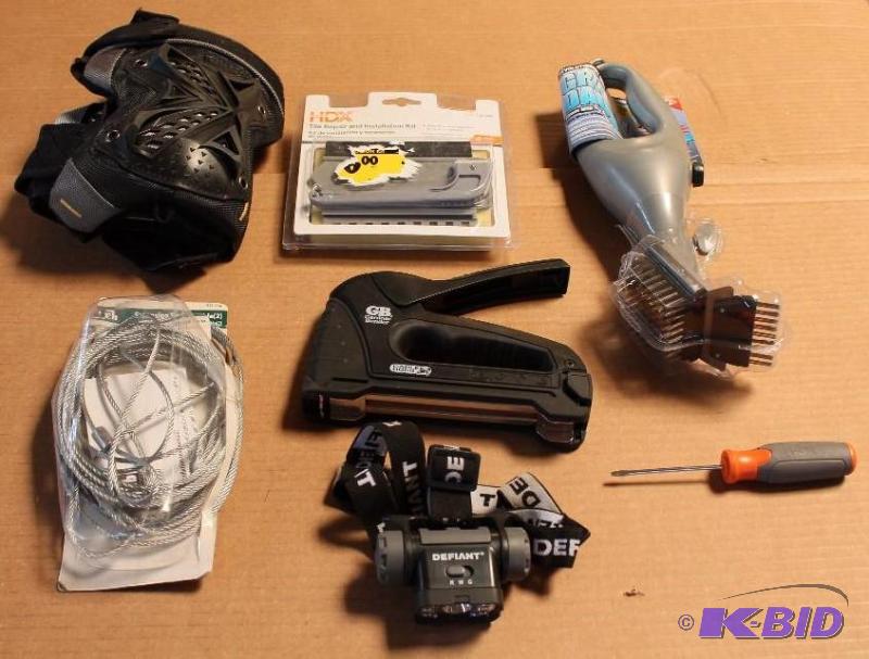 8 Item Lot Headlamp, Stapler, Grill Brush and More