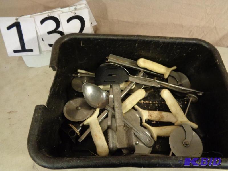 lot 132 image: Dish Bin full of Assorted Restaurant Utensils...