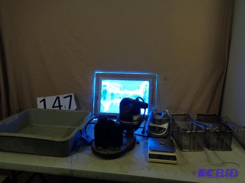lot 147 image: Framd Light, Dish Bin, Fryer Baskets, Scale,...