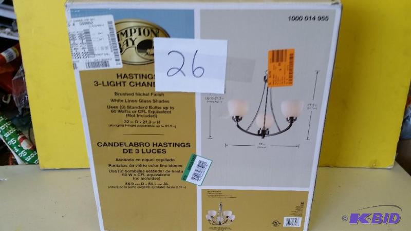 lot 26 image: Hampton Bay 3 light chandalier