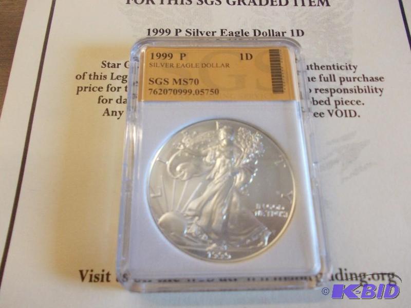 1999 Silver Eagle SGS MS70 Graded...
