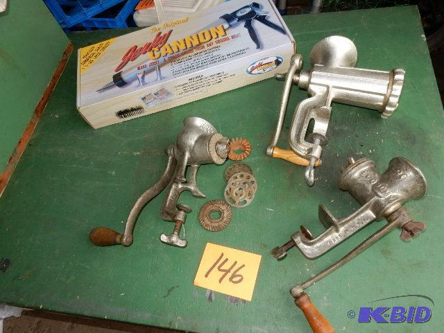 lot 146 image: 3 Antique Grinders, Jerkey Stuffer