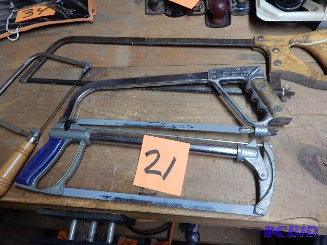 lot 21 image: 4 Saws, 2 Hack Saws, 1 Coping Saw, 1 Meat Saw