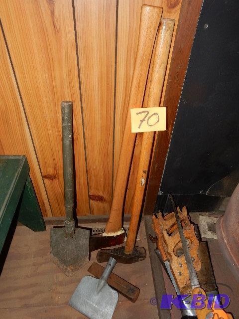 lot 70 image: Splitting Maul, AX, camping shovel, wedge, ice chopper end.