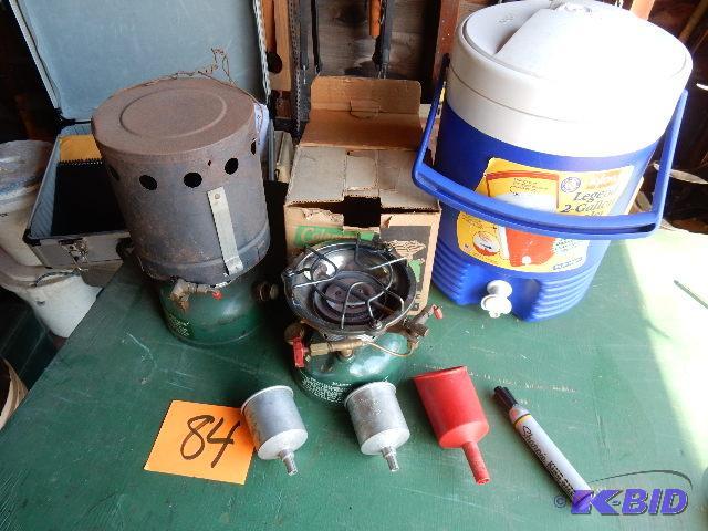 lot 84 image: 2 Sporters Stoves, 2 Gal Igloo cooler, 3 filter funnels