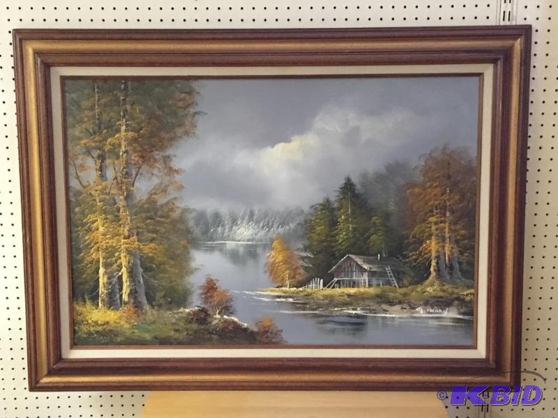 Oil On Canvas Cabin Scene
