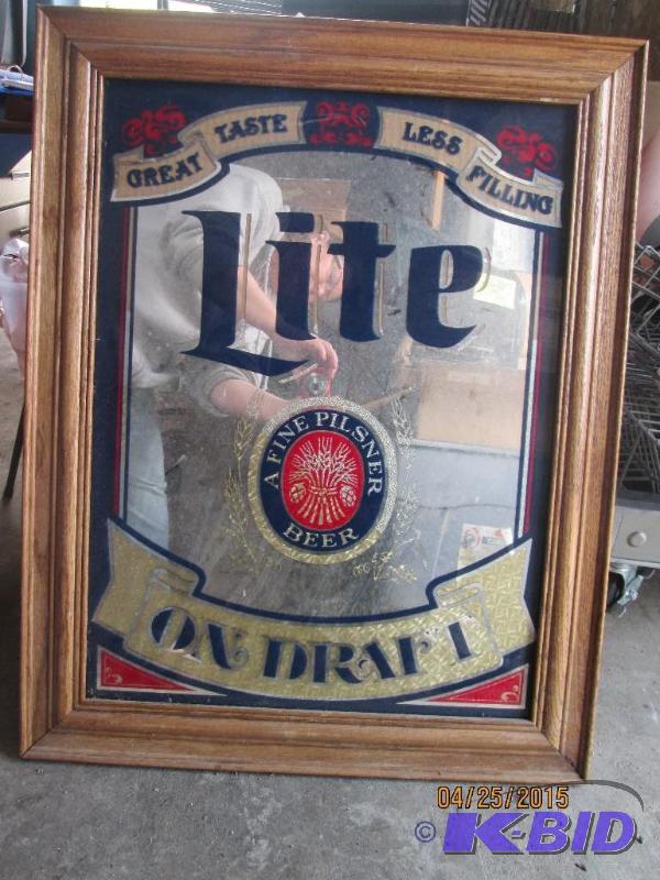 lot 21 image: Framed Miller Lite bar mirror in excellent co...
