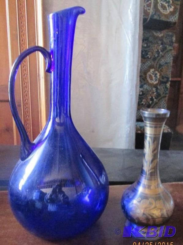 lot 51 image: Cobalt blue decanter paired with a solid bras...