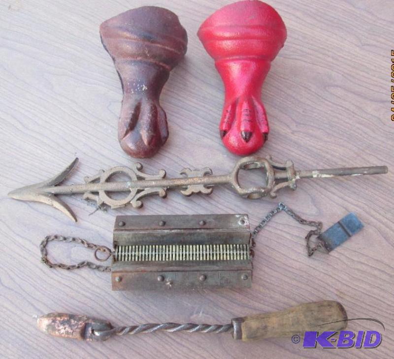 lot 63 image: Miscellaneous tools, weather vane, claw feet....