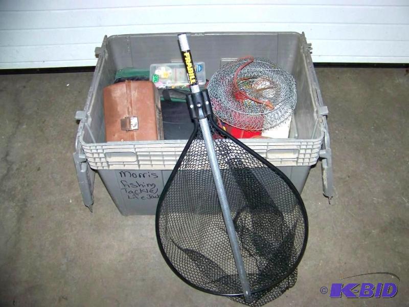 lot 25 image: Bin of Fishing Gear including Tackle Boxes, Some Gear, Minnow Buckets, Fish Well and Collapsible Net