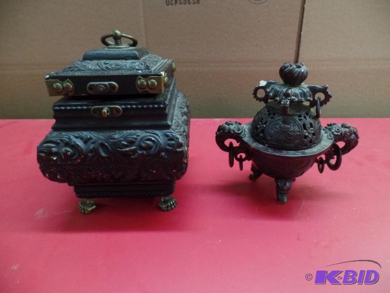 Decorative Wood Box & Stone Bowl with Lid