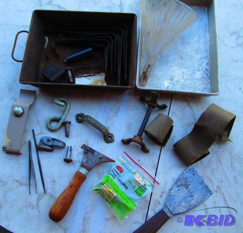 lot 43 image: Lot of vintage tools and hardware, a glass fu...