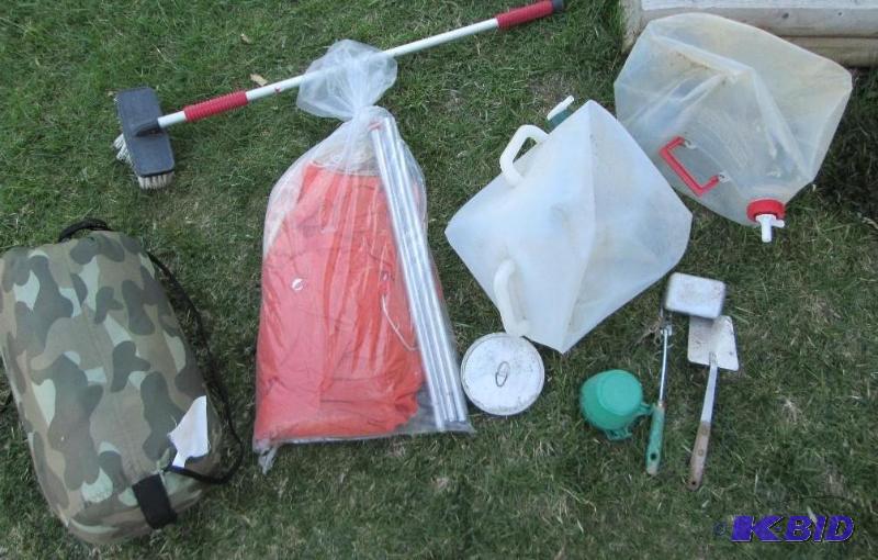 lot 64 image: Tent, sleeping bag, water containers, and mor...