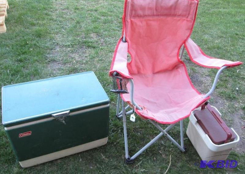 lot 74 image: Folding camp stool with coolers...