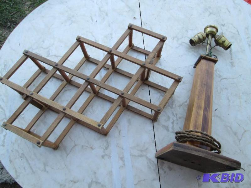 lot 78 image: Vintage wood base lamp and a wine rack...