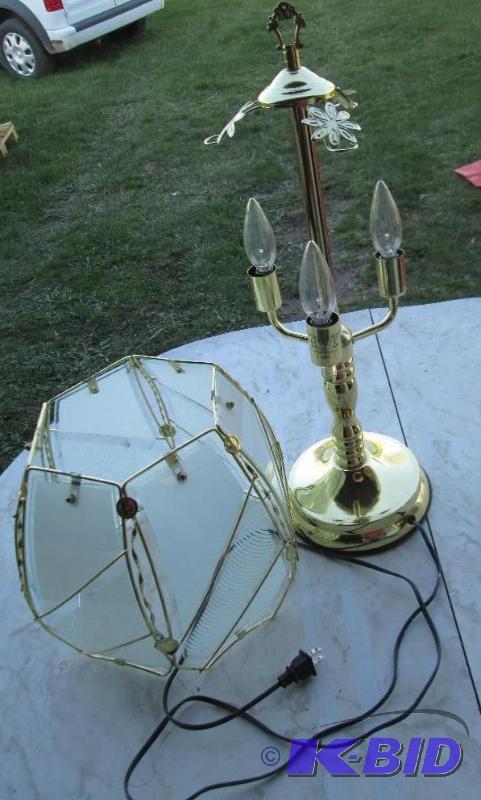 lot 84 image: Metal lamp with glass shade...