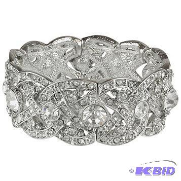 New Silvertone Ornate Crystal Stretch Bracele...