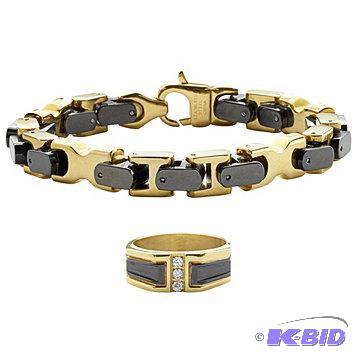New Mens Black &amp Goldtone Bracelet &amp...