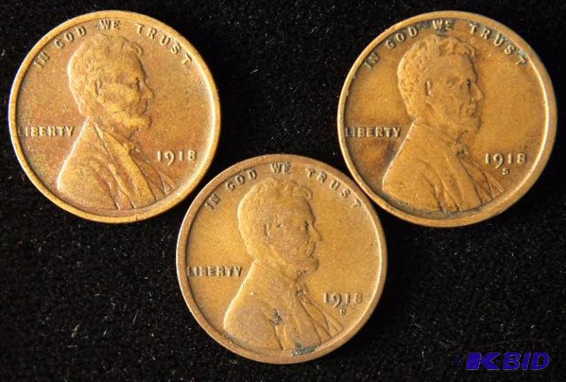 LOT OF 3 LINCOLN WHEAT CENTS 1918 1918-D 1918-S