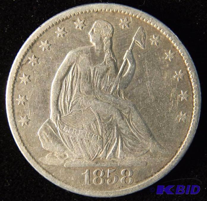 1858-O SEATED LIBERTY SILVER HALF DOLLAR VF