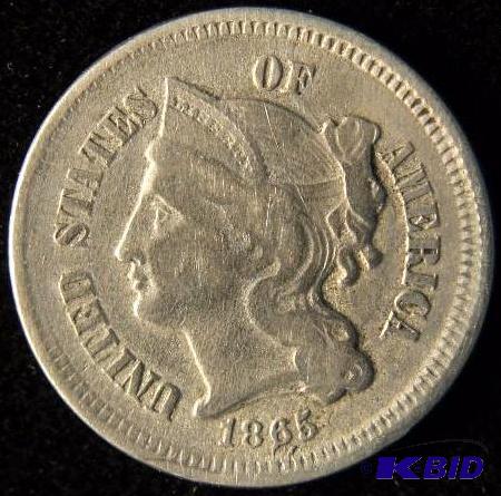 1865 US 3 CENT NICKEL VF