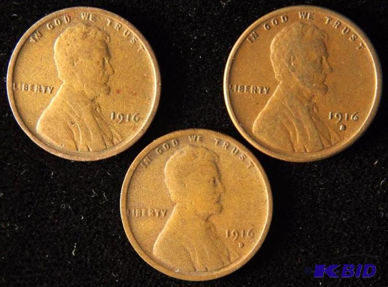 LOT OF 3 LINCOLN WHEAT CENTS 1916 1916-D 1916-S
