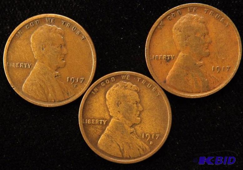 LOT OF 3 LINCOLN WHEAT CENTS 1917 1917-S 1917-D