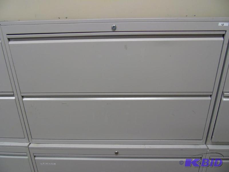 lot 12 image: Two drawer metal lateral file cabinet - locking