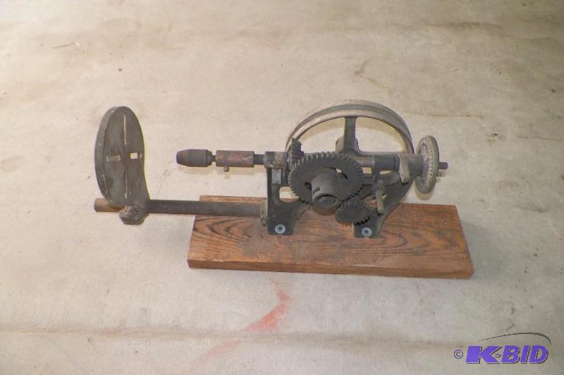 lot 126 image: Antique Drill Press Hand Crank or belt drive- LeCostal