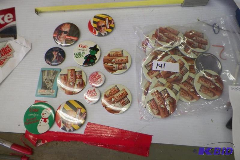 lot 141 image: Coke pin lot with 2 hand mirrors