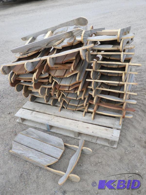 lot 3 image: Pallet Of Approx (28) Handmade Wooden Sleds, ...