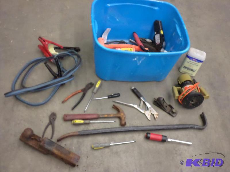 lot 42 image: Tote Of Misc Hand Tools, Jumper Cables, Pry B...