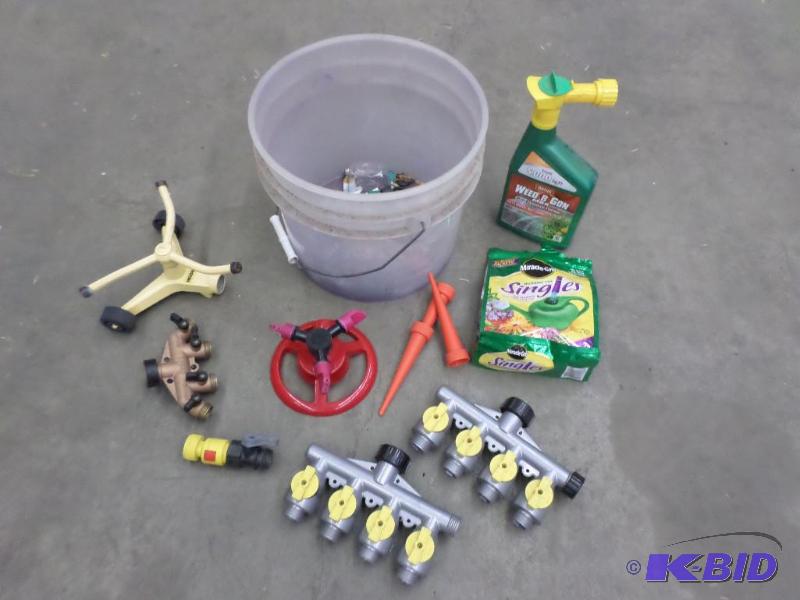 lot 45 image: Bucket Of Misc Lawn Sprinklers, Hose Splitter...