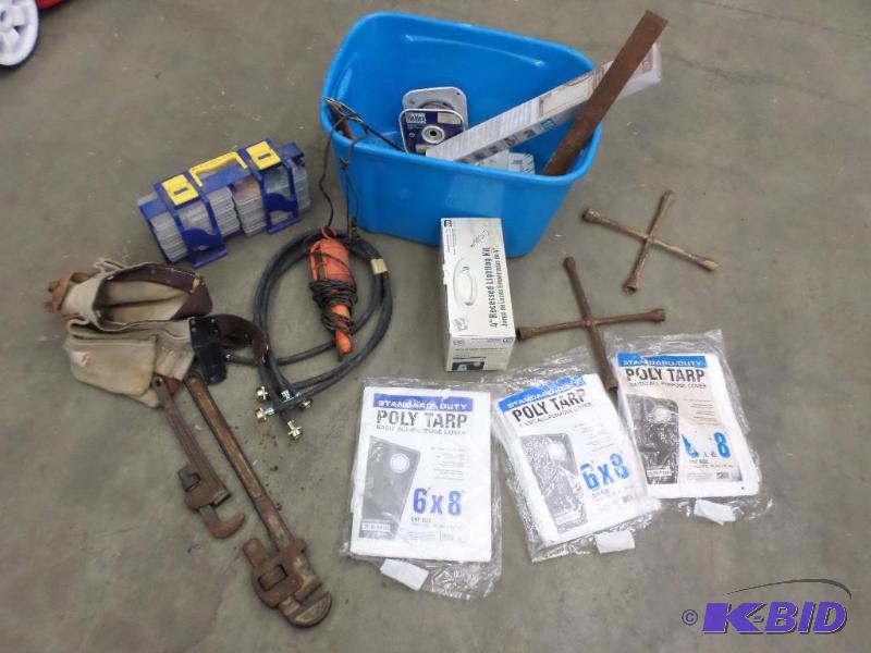 lot 46 image: Tote Of New Tarps, Hand Tools, Tool Belt, Ha...