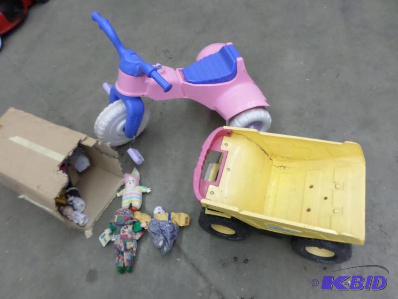 lot 48 image: (1) Tonka Truck, (1) Kids Trike, (1) Box Of D...
