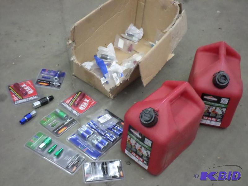 lot 56 image: (2) New Gas Cans & Misc New Air Hose Fitt...