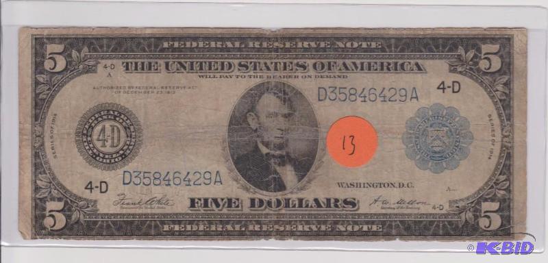 1914 $5.00 Blue Seal Large Size Federal Reserve Note & 1953 A $5.00 Silver Certificate