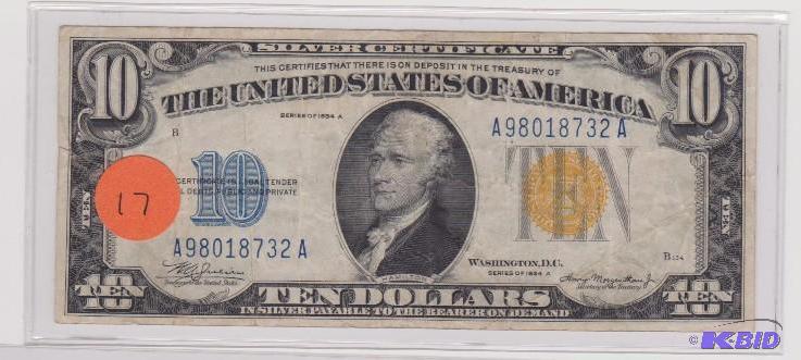 1934 A Gold Seal $10.00 Silver Certificate