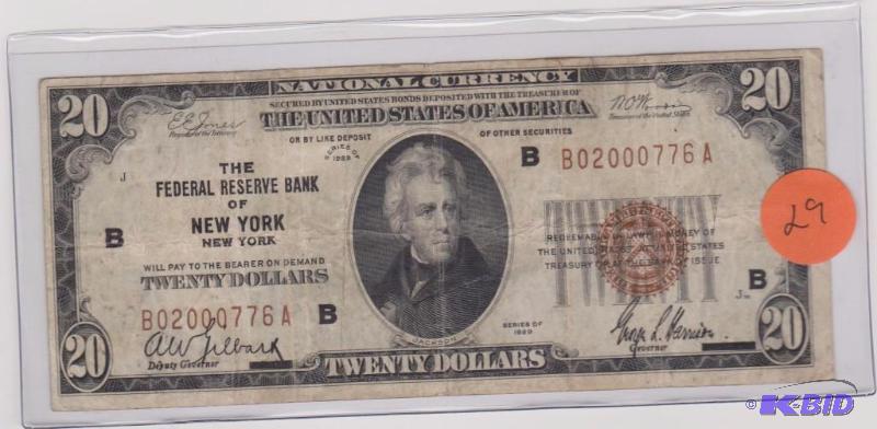 1929 New York $20.00 Brown Seal National Currency