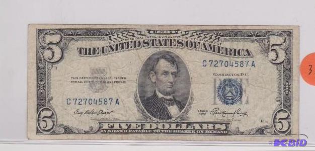 1953 Blue Seal Silver Certificate $5.00