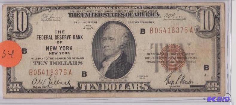 1929 New York $10.00 National Currency