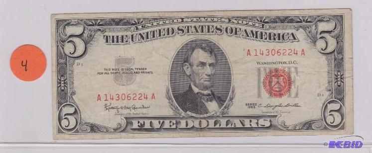 1963 $5.00 Red Seal Bill & 1935 F $1.00 Silver Certificate