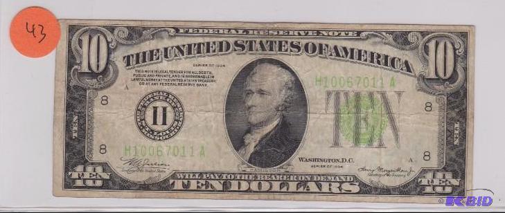1934 Light Green Seal $10.00 Federal Reserve Note