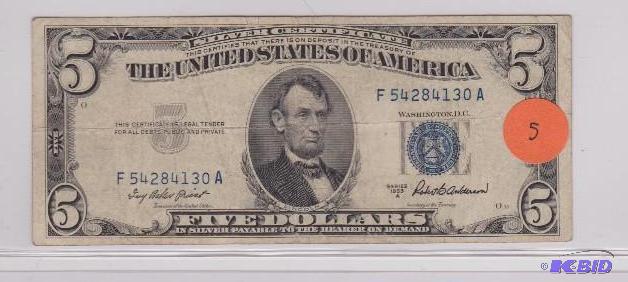 1953 A $5.00 Blue Seal Silver Certificate
