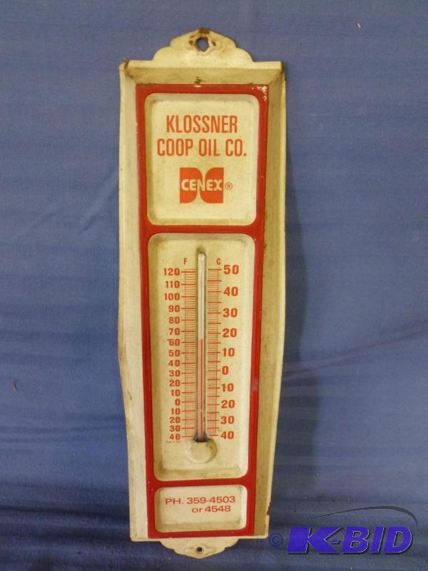lot 100 image: Klossner Coop Oil Co. metal thermometer, meas...