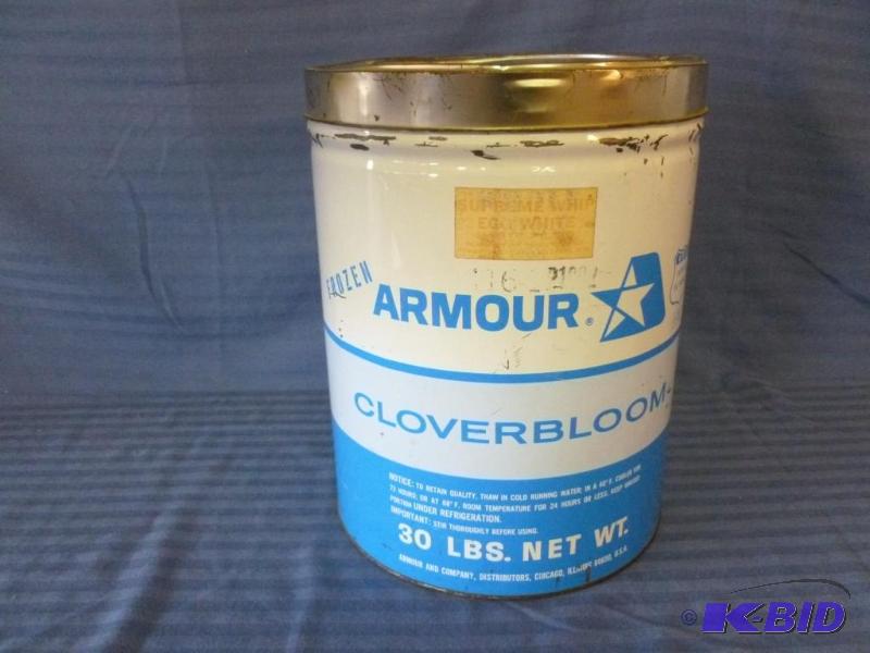 lot 34 image: Vintage Armour Cloverbloom 30 lbs. metal cont...