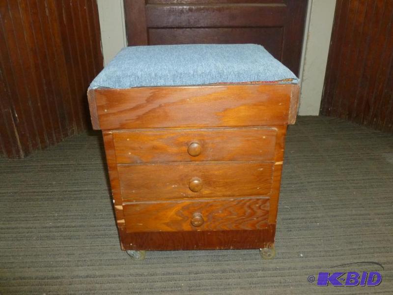 lot 63 image: Wooden three drawer portable sewing cabinet, ...
