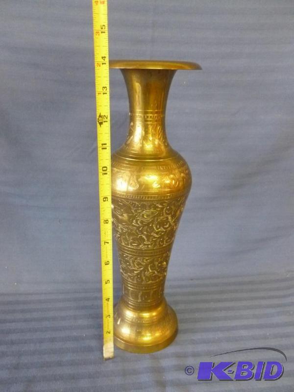 lot 73 image: Large etched cast brass vase that measures 4 ...
